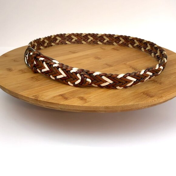 Vintage 1980's Copper Key Braided Leather Belt Size M/28 Tan Brown White Boho - Picture 5 of 14